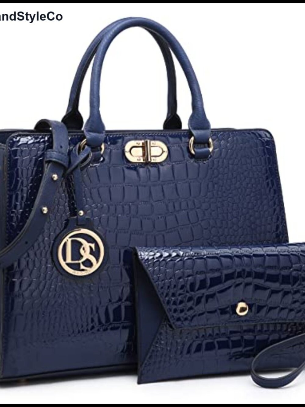 Vegan Leather Satchel Tote with Croc Print and Matching Clutch